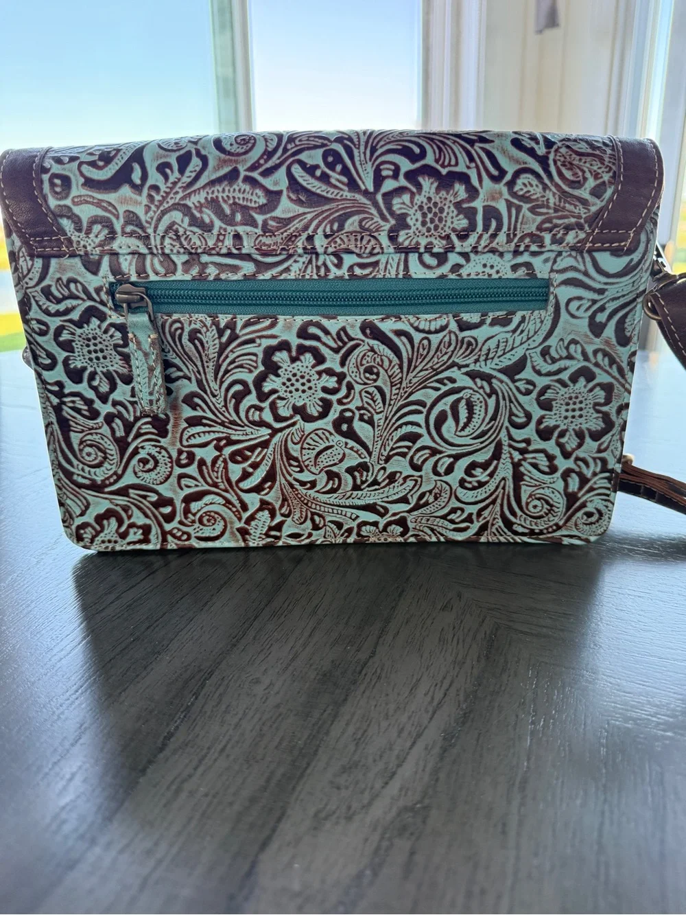 Tooled Leather Crossbody Bag in Turquoise and Brown Floral